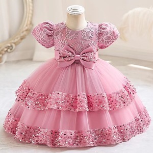 Robe de bal en tulle haut de gamme personnalisable, col rond, manches lanternes, nœuds superposés, robe de <span class=keywords><strong>princesse</strong></span> à paillettes - Product Image 3