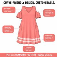 Robe midi trapèze personnalisée pour femme, col en V, épaules dénudées, manches volantées, ourlet tie-dye, poches latérales, été, vente en gros, fabricant OEM