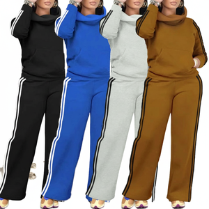 Pull à col haut avec poche motif solide sweat d'hiver deux pièces Streetwear antibactérien Spandex/coton survêtement ensemble - Product Image 1