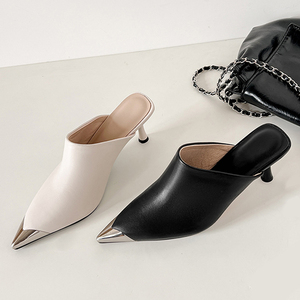 Sandalias de tacón bajo y fino para mujer, de metal plateado, con punta, estilo sexy, tipo mule, zapatos de tacón. - Product Image 6