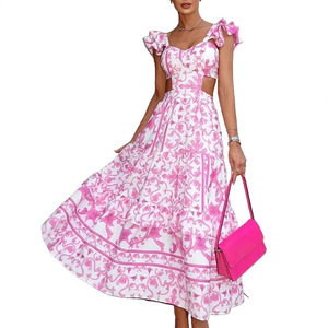 Vestido Largo Estampado con Aberturas para Mujer Estilo Europeo-Americano, Cuello Corazón, Mangas con Volantes, Cintura Imperio, Estilo Casual Diario Transpirable - Product Image 1