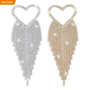 Shein en çok satan toptan Bling altın gümüş kristal Rhinestone Fringe püskül kalp şeklinde dekor küpe kadınlar için