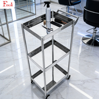 Chariot de coiffure à 3 niveaux en argent en gros, en acier inoxydable, pour le rangement des outils de salon, plateau roulant pour salon de beauté