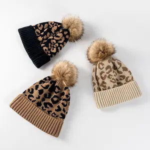 Fashionable Leopard Print Curled Edge Fur Ball Knitted Hat For Women's Outdoor Warmth And Thickened Winter Sweater Hat