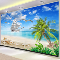 Papier Peint Mural Personnalisé 3D Plage Voilier Cocotier Paysage Marin Salon Décoratif Autocollant Amovible