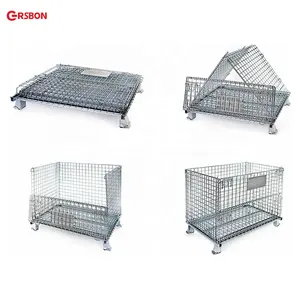 Gaiola de aço para paletes de metal, recipiente industrial galvanizado global de malha de arame dobrável para transporte, galvanizado, para logística