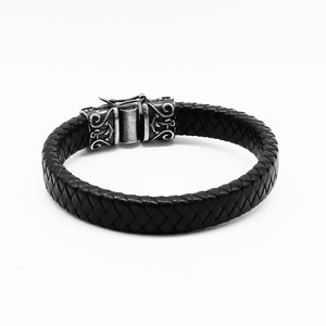 Yunnique Pulsera de cuero negro con patrón de ancla y hebilla de plata tibetana, joyería unisex - Product Image 3