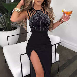 Robe de soirée mi-longue noire TEN avec strass et découpe pour femme - Product Image 4