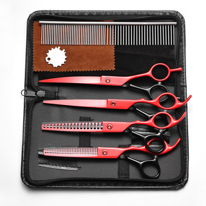 Pet Grooming Scissors Set 7 Inch Red And Black Flat Shears Fine Cutting Tipping Shears Dog Grooming Tools - Product Image 2