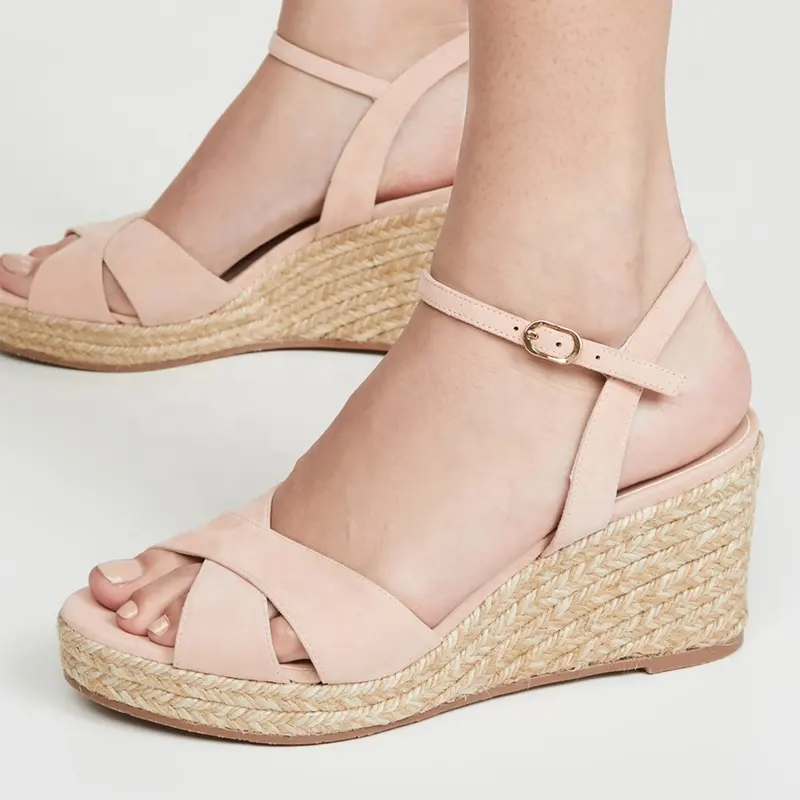 2023 Full Custom Shoes Summer Lady Wedge High Heel Shoes Platform Hemp Rep Pink Suede Sandals Custom Wedge Sandals With Logo