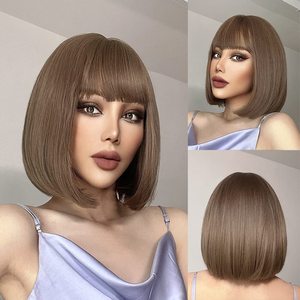 Pelucas Cortas Estilo Bob Europeas y Americanas con Flequillo y Rizos hacia Adentro, Peluca Sintética <span class=keywords><strong>de</strong></span> Seda Resistente a Altas Temperaturas - Product Image 2