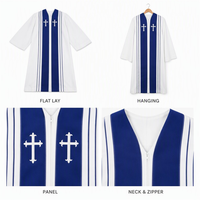 Weiße Chorrobe für Erwachsene, Langes Unisex-Zeremonienkleid mit Königsblauen Einsätzen, Weißer Lateinischer Kreuz-Stickerei und V-Ausschnitt