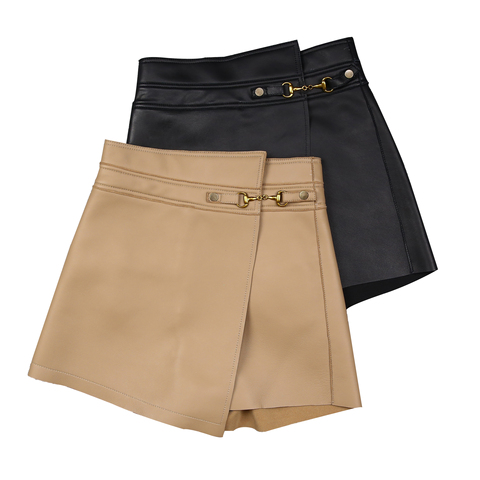 1623 Solid Color High Waist Wide Leg Shorts Real Sheepskin Fashion Women Genuine Leather Culotte