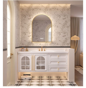 Cabinet <b>Wall</b> Floating Bathroom Vanity <b>Set</b> LED Smart <b>Mirror</b> Modern Creamy Style Skin-feel Wood Integrated Wash Basin - Product Image 1
