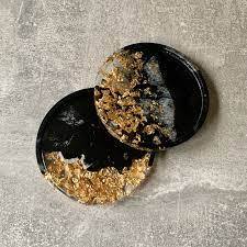 ที่รองแก้วเรซิ่นอีพ็อกซี่ดีไซน์พิเศษสำหรับเครื่องใช้บนโต๊ะอาหารและของตกแต่งห้องครัว พร้อมกระดาษสีทองและเรซิ่นสีน้ำเงินเข้ม - Product Image 3