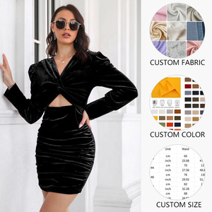 Abito Casual autunno/inverno con lunghe maniche a sbuffo in velluto <span class=keywords><strong>oro</strong></span> Skinny con Design a anca increspata modello tinta unita stile Twist alla moda - Product Image 2