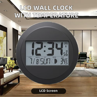Jam dinding Digital LCD besar, bentuk bulat dengan tampilan suhu, kontrol Radio, bertenaga baterai listrik untuk kamar tidur