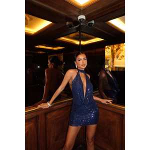 Vestido Mini Azul Marino de Satén con Detalles de Lentejuelas, Estilo Vestido de Gala Largo hasta el Suelo para Fiestas, Eventos de Maternidad, Damas de Honor, con Flores - Product Image 3