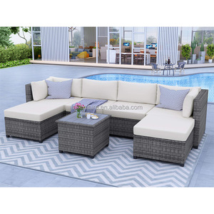 Conjunto de sofá seccional de mimbre de 7 piezas para patio - Muebles de jardín de mimbre de ratán para exteriores, conjunto de sofá esquinero con cojines - Product Image 5