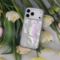 Coque de téléphone antichoc à texture coquillage irisée avec strass pour iPhone 17 16 15 14 13 12 11 Samsung A36 A56