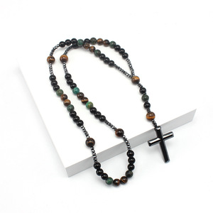 Rosari Cattolici in Pietra Naturale, Pietra Magnetica e Perline in Occhio di Tigre <span class=keywords><strong>con</strong></span> Croce, <span class=keywords><strong>Collana</strong></span> Religiosa Cattolica Unisex - Product Image 3