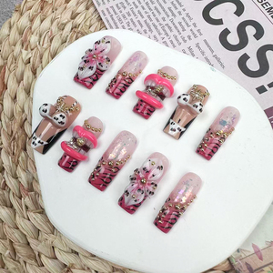 <span class=keywords><strong>Uñas</strong></span> Postizas Color Rosa Intenso con Diseño de Labios y Bikini con Estampado de <span class=keywords><strong>Leopardo</strong></span> 3D, <span class=keywords><strong>Uñas</strong></span> Acrílicas Reutilizables para Mujer, Suministro de Fábrica - Product Image 2