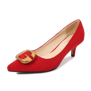 Xuanhui Korean Style Metal Buckle <strong>Red</strong> <strong>Suede</strong> Kitten Heel Pumps Pointed Toe slip on 5cm High Heels Woman <strong>Shoes</strong> for Party Office - Product Image 3