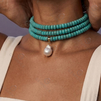 Collier ras-de-cou Gemnel Vintage en argent sterling 925 avec trois pierres turquoise parallèles et pendentif perle