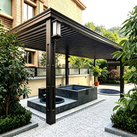 Pergola bioclimatique en aluminium fixée au mur, toit à lames orientables, structure intégrée, éclairage LED