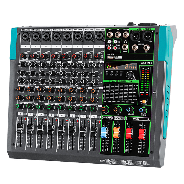 PA8 8-Channel Professional Audio Mixer Console with 256 Reverb Effect USB Connection Built-In Features
