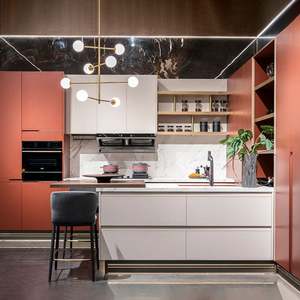 Two-Tone MDF Kitchen Cabinets Marble White Red Modern UV Lacquer Finish Custom High-End Modular Design for Apartment Villa - Product Image 1