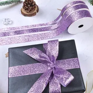 Kustom poliester sparkle ungu glitter pita satin grosir untuk hadiah bungkus dekorasi bunga
