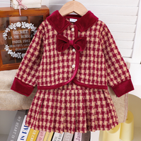 Setelan 2 Potong untuk Bayi Perempuan, Mantel Tweed Kotak-kotak, Rok Lipit, Kerah Beludru dengan Hiasan Pita, Setelan Anak Perempuan untuk Liburan dan Ulang Tahun