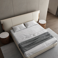 Cadre de lit king size moderne et luxueux, lit plateforme minimaliste rembourré en tissu crème avec éclairage intégré dans la tête de lit