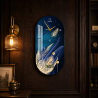 Jam Dinding Lukisan Kristal Porselen HD Terlaris Motif Bulu Biru Emas