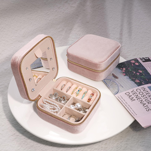 Lightweight Luxury Velvet Jewelry Storage <b>Box</b>, <b>Mirror</b>, Portable Travel Zipper <b>Box</b>, Circular Ring, Necklace, Earring <b>Box</b> - Product Image 3