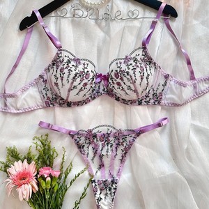 Wholesale Floral Embroidery Lingerie Set Sexy Sheer Mesh Underwire Bra and Thong Panties Set 2 Piece Elegant Lace <b>Underwear</b> Set - Product Image 2