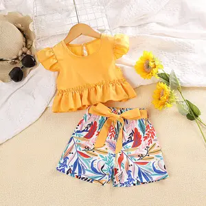 Children's clothing 2023 summer new European and American ins flying sleeve lace top leaf shorts two cross-border girls suit