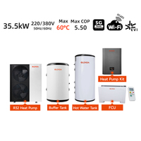 R32 35.5kW Inverter Air Source Heat Pump Kit ERP A+++ Stainless Steel Buffer Fan Coil Kontrol WIFI Efisiensi Tinggi Hotel