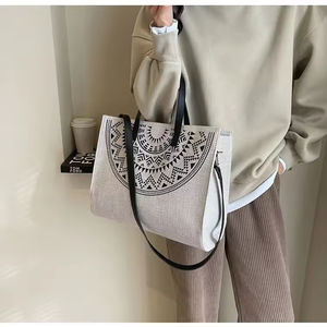 Sac fourre-tout en toile de grande capacité de style ethnique pour femmes, sac à main féminin tendance avec décoration en nœud, sac à fermeture éclair tendance - Product Image 3