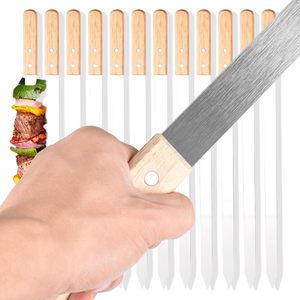 Tùy Chỉnh 23 Inch Thép Không Gỉ Thịt Nướng Xiên Với Gỗ Xử Lý Kabob Xiên Phẳng Nướng Gậy Bộ Của 7 Với Túi - Product Image 1