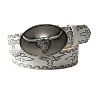 Ceinture pour Homme Style Western, Boucle Ovale Tête de Taureau, Imprimé Floral, Sangle en PU, Accessoire Rétro Style Cowboy