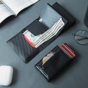 Casekey Wholesale Men Thin Carbon Fiber Leather <b>Wallet</b> Mini Slim RFID Protection Metal Smart Card <b>Holder</b> With Coin Zipper Pocket - Product Image 1