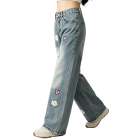 Jean en denim délavé style mignon pour femme, coupe large, taille haute, broderie ours, cœur et nœud, effet délavé