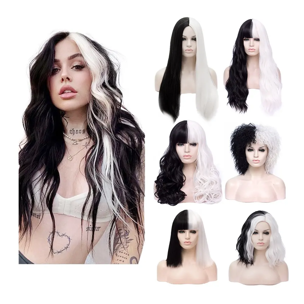 Wholesale Half Black White Fiber Wigs Synthetic Long Curly Wavy Cosplay Party Wig for Women Costume