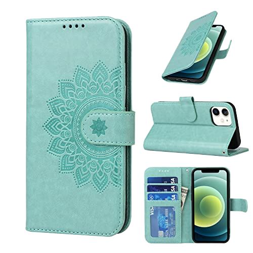Weview for Iphone 12 Mini Leather Phone Case with 3 Card Slots Magnetic Closure Embossed Mandala Design Flip Case-Tiffany Blue