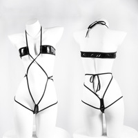 Set Bikini Halloween yang Menarik dengan Sayap Halter Berbahan Kulit Paten, Kostum Hantu Hitam Seksi untuk Wanita