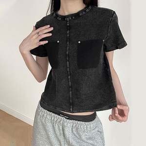 2025 personnalisé recadrée Vintage femmes lavage à l'acide tricoté T-Shirt coupe ample 100% coton décontracté été hauts - Product Image 6