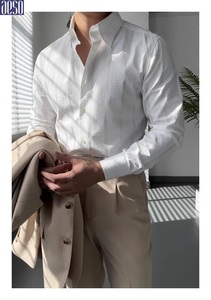<span class=keywords><strong>Chemise</strong></span> <span class=keywords><strong>homme</strong></span> coupe ajustée à col intégré, manches longues, style italien, en coton mélangé avec gaze de mousse, infroissable, pour affaires - Product Image 2