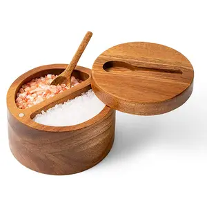 Caja de pimienta de bambú superventas de Shbamboo, cuchara cubierta, caja de sal de condimento de especias de madera de doble rejilla Doble